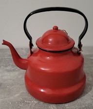 Vintage Red Enameled Sheet Metal Teapot Kettle Antique Decoration 18cm