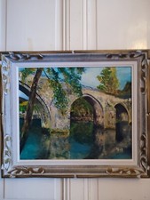 ALAIN oil on isorel "Landscape at the old bridge" French school frame Montparnas