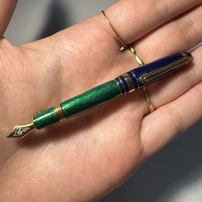 Broche Stylo Plume Doré /Vert/ Bleu Nacré Avec Strass Blanc Bijoux Fantaisie