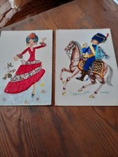 2 CARTES POSTALES BRODEES. DANSEUSE ESPAGNOLE/HUSSARD A CHEVAL