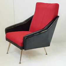 VINTAGE 1950 1960 BLACK SKAI & RED WOOL & GOLDEN BRASS CHAIR 50S 60S 