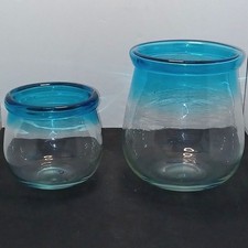 Hand Blown Set of 2 Sky Blue and Clear Glass Wide Mouth Terrarium Table Vase