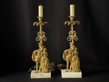Pair Antique Victorian Cast Brass Bronze Marble Figural Girandole Candlesticks