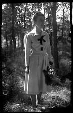Young Woman Standing Wood Forest Oak Branch - Antique Year Photo Negative. 1930 40