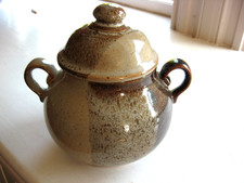 Vintage Gres Du Marais France Stoneware Pottery Brown Beige lidded pot. 6" tall