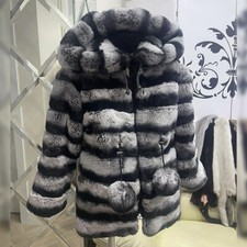 Women Chinchilla Color Real Rex Rabbit Fur Coat Winter Natural Hooded Fur Jacket