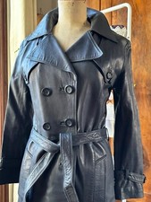 VINTAGE Superb LEATHER COAT Navy Blue TRENCH Shape