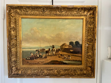 Ancien Tableau Peinture Ecole Française Marine Port XIXème 19ème Signé Gaultier