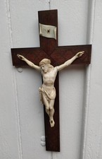 Crucifix,Christ en croix sculpté,croix bois marqueterie losange bronze 19 ème