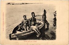 PC ETHNIC NUDES THREE GIRLS IN A BOAT SOUTH AFRICA (a62236)