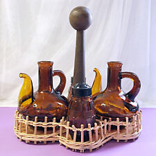 Table Servant Salt Pepper Oiler Vinegar Amber Glass on Wood Tray