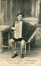 LOUVIERS souvenir card of Marcel Morinville accordionist child with accordion
