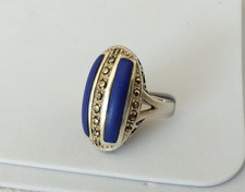 ANCIENNE BAGUE ARGENT MASSIF LAPIS LAZULI MARCASSITES style Art Déco