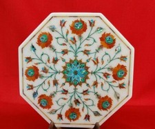 Table D'Angle En Marbre 12" Pietra Dura Floral Artisanale Incrustation Art