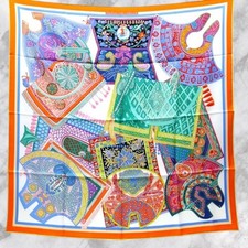 HERMES Carré 90 Tapis de Selle Scarf Shawl Orange Multicolor Silk Boxed Unused