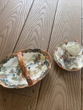 Antique TN Nippon KUTANI Hand Painted Basket Bowl + Coffee Tea Cup & Saucer