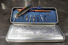 Scrittureria Calligraphy Set with Wooden Dip Pen, Feather, 10 Nibs & Metal Case