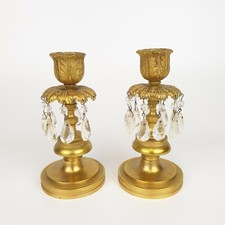 Antique Pair Of 19th Century Gilt Bronze Candlestick Lustres 15cm high 4 Missing