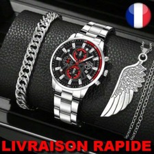 ✅ 3 PCS Montre DEYROS Bracelet Gourmette Collier Ange Plume Bijoux Acier Argent