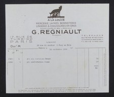 1936 PARIS A LA LOUVE REGNAULT Invoice Wolf Wool Wool Illustrated Billhead 106
