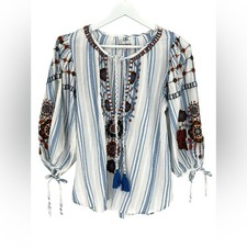 Antik Batik Camilla Tunic Top Floral Embroidered 3/4 Balloon Sleeve Boho XS - 36