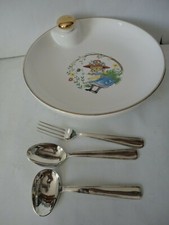 Assiette à bouillie en faïence de Salins + couverts fourchette cuillère enfant