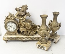 Antique Charmeuse D' Oiseaux French Figural Mantle Clock & Garniture Set