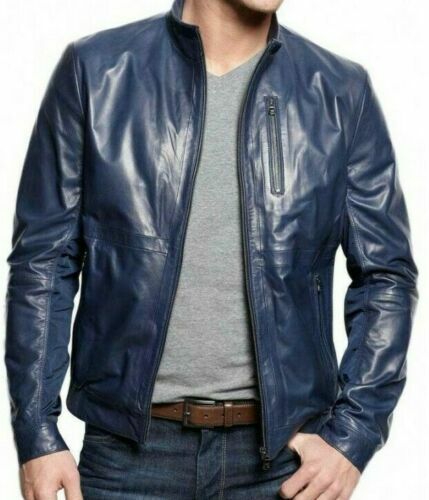 Veste cuir bleu marine pour - cuir,