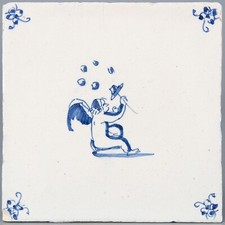 Nice Dutch Delft Blue tile, Amor blowing bubbles, 18th century.
