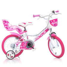 Vélo 14 Fille LH Rose Blanche Avec Roues, Panier Pour Poupée Dino Bikes