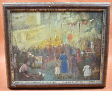 Peinture à l'huile sur bois début XXème -Spectacle Cirque Chapiteau - F. Thauley