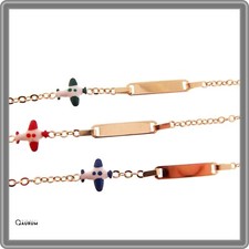 Bracelet Enfant En Or Bracelet Nouveau-Né Avec Avion Et Plaque Idée Cadeau