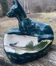 Vintage Henri Bequet Quaregnon Ashtray Green Dog Hand Painted Peacock 