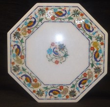 Table En Marbre Blanc Avec Incrustations De Pierres Semi-Précieuses Artisanales