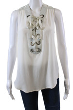 Natacha & Vanessa Womens Silk Laced Detail Leather Trim Blouse White Size 38