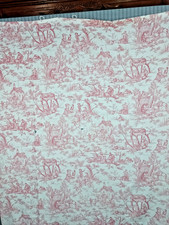 old curtain, fabric style canvas de Jouy, white background with pink patterns / R4