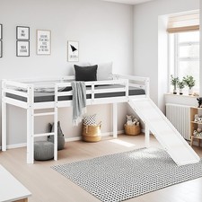 Lit mezzanine enfant 90x200 blanc avec toboggan et échelle sommier Homestyle4u