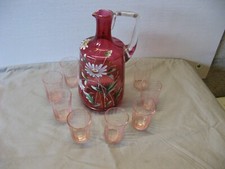 Ancien très beau service à liqueur carafe verre émaillé et 8 verres XIXeme