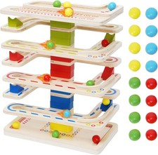 Circuit à Billes pour Bébé, Piste de Course en Bois avec 16 balles, Jeu de Bo