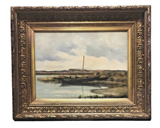 Tableau Ancien Paysage Les barques Huile sur panneau Pierre PIGNOLAT (1838-1913)