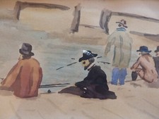 Peinture Aquarelle sous verre Cadre 26x20 Scène de Pêcheurs