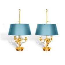 VTG 2x French Empire Bouillotte Brass Table Lamps with Green Tole Shades Decor