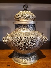 Tibetan Silver Metal Censer | Carved Perfume Burner with Chimeras - INDIA