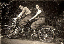 Young Couple Bike Tandem Cycling Retirement Old Photo Repro Year 1930