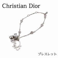 RARE Christian Dior Logo Heart Charm Bracelet Silver Tone Bijoux Jewelry Auth