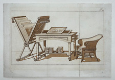 Mahogany desk ENGRAVING furniture artist chair FURNITURE print books 19th century