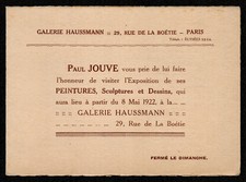 invitation. Paul Jouve Exhibition. Galerie Haussmann. 1922. Paris