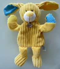 Z8. DOUDOU PLAT MARIONNETTE BABY NAT LAPIN DOUBAMBINS JAUNE BLEU POIS  ETAT NEUF