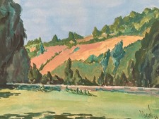 1950s Impressionist Landscape Gouache Painting Paper Ancient Impressionism Art