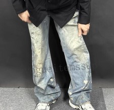 Men splash ink retro distressed straight micro flared jeans digital print